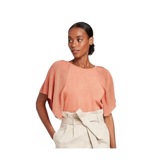 Prologue Women's Crewneck Flutter Short Sleeve Pullover Sweater, Coral Orange, M - Picture 1 of 8